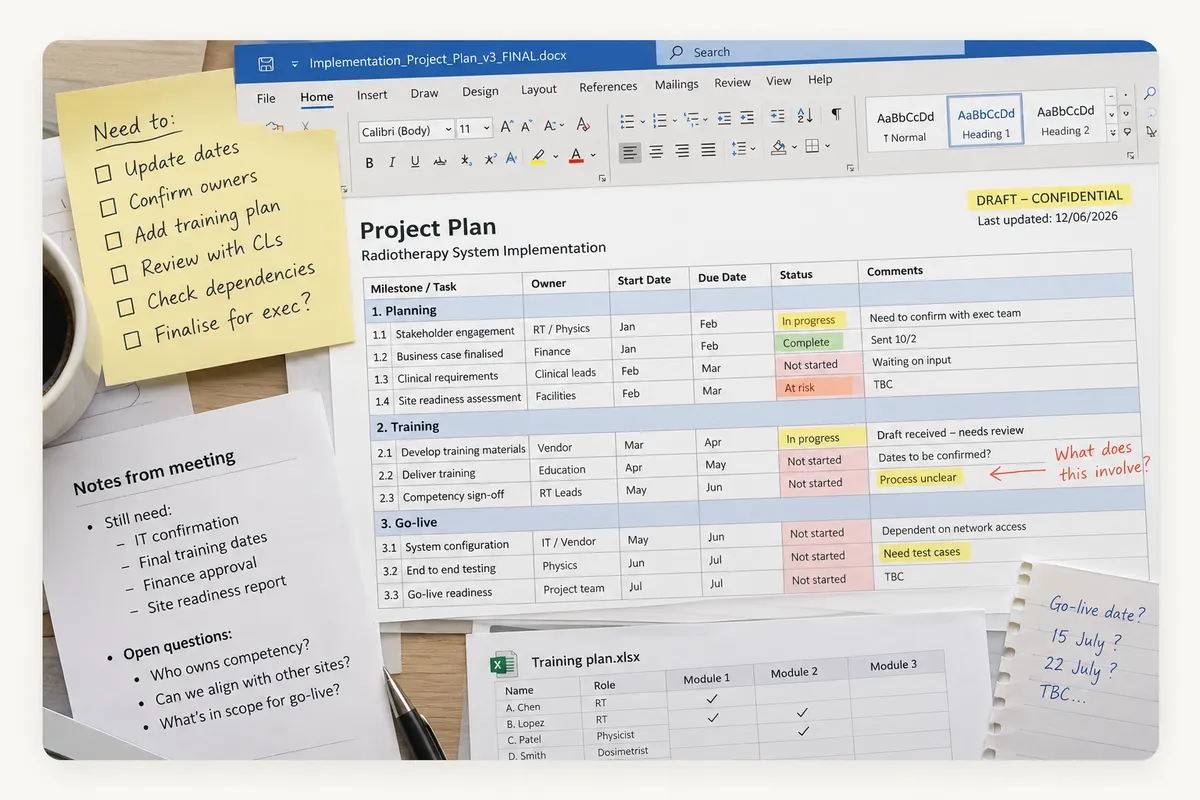 Un plan de proyecto rodeado de notas adhesivas y apuntes de reuniones