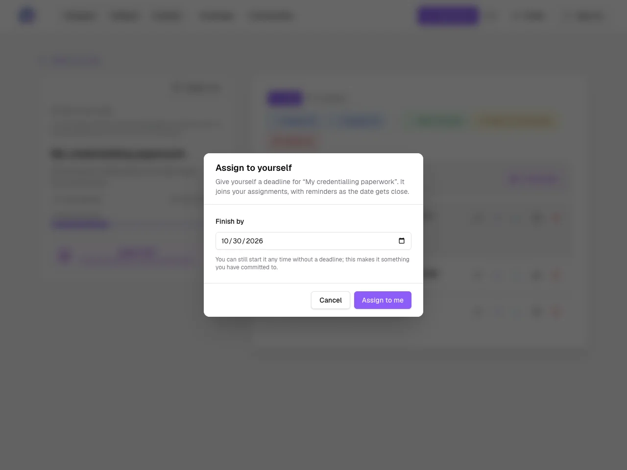 The Assign to yourself dialog with a finish-by date