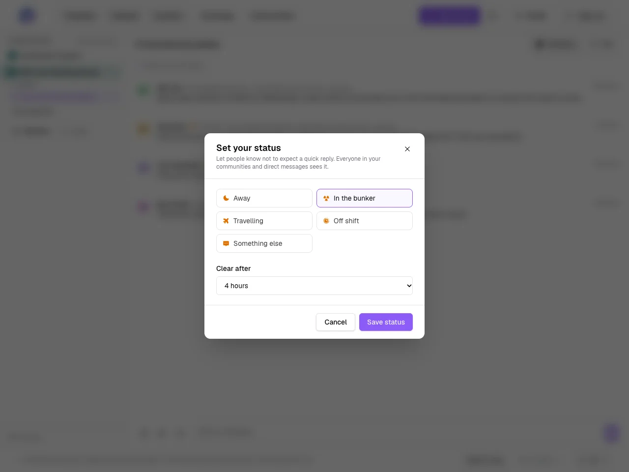Setting a status: presets or your own words, and when it clears