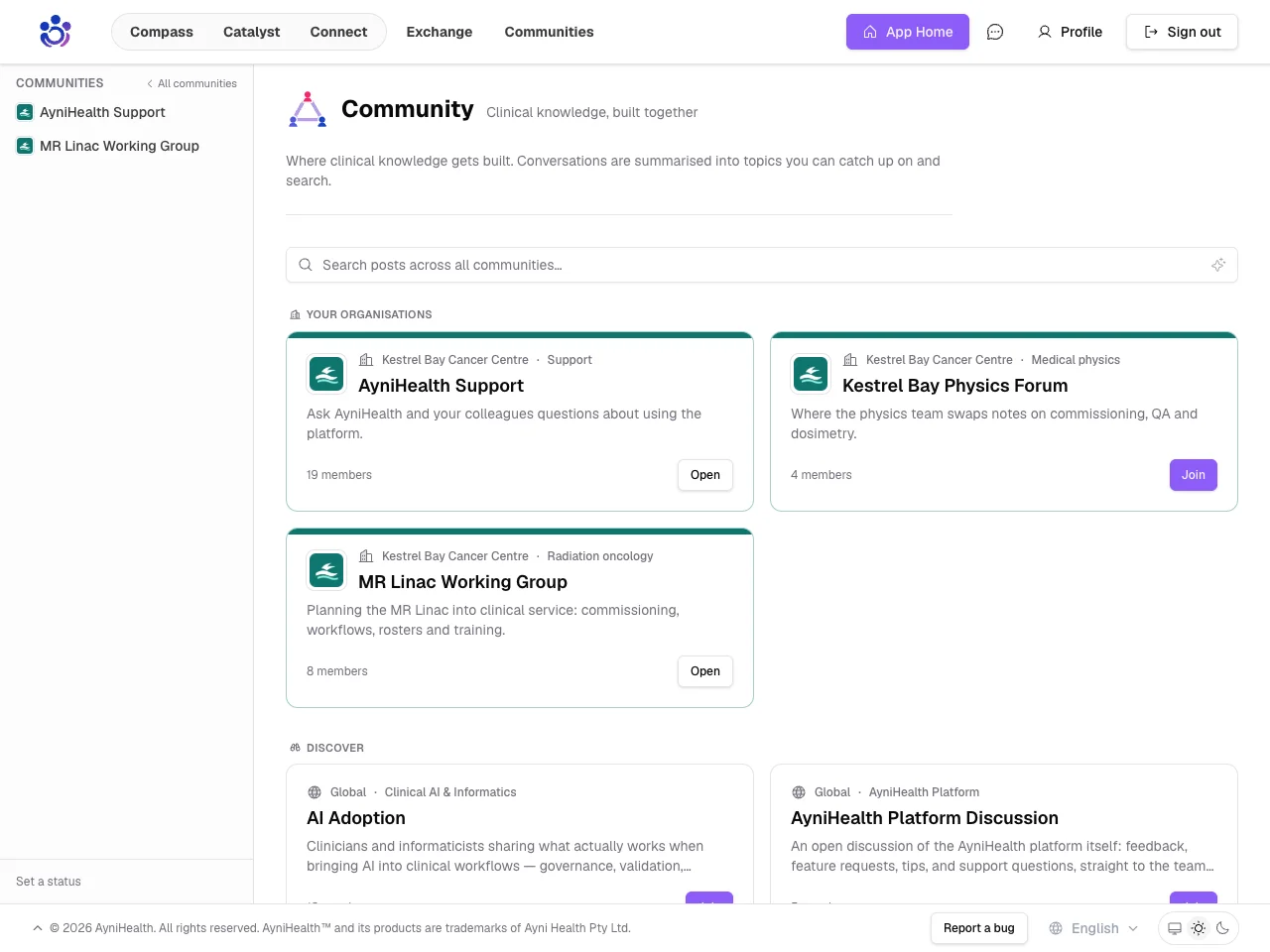 The Communities directory: an organisation's communities with its logo and a band of its colour