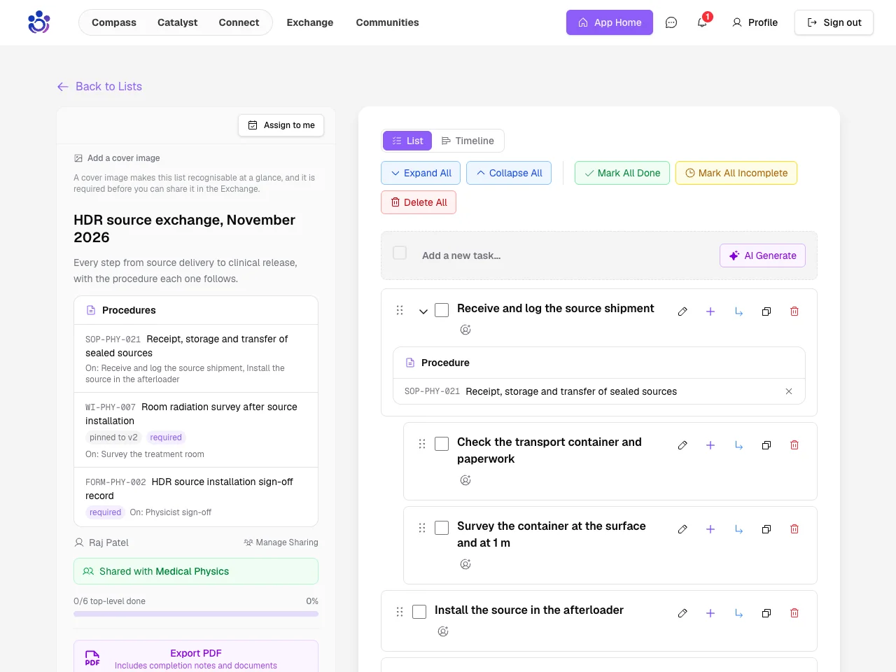 A list made from the template, with the same procedures at the top and on its first task