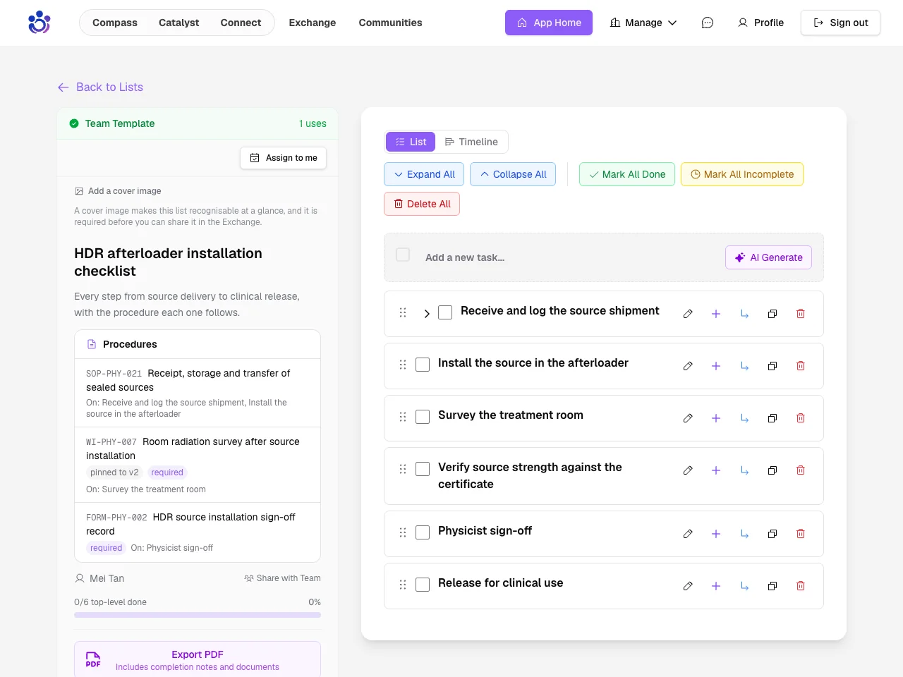 A Catalyst template with its Procedures: each controlled document its tasks follow, which tasks, and any pinned version or requirement
