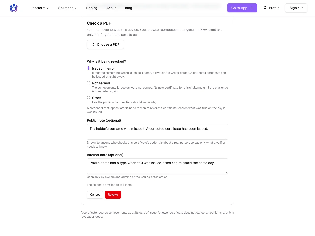 Revoking a certificate: the grounds, each explained, and optional public and internal notes