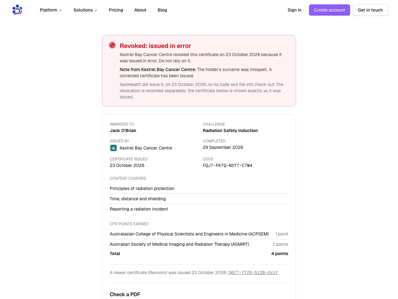 The verify page for a certificate revoked as issued in error, linking to the corrected one