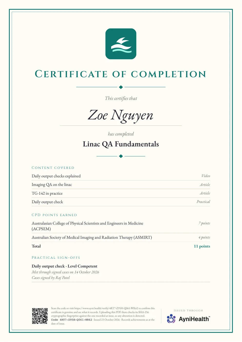 A sample certificate led by the issuing organisation's logo: content covered, CPD points by body, a practical sign-off and a verification code