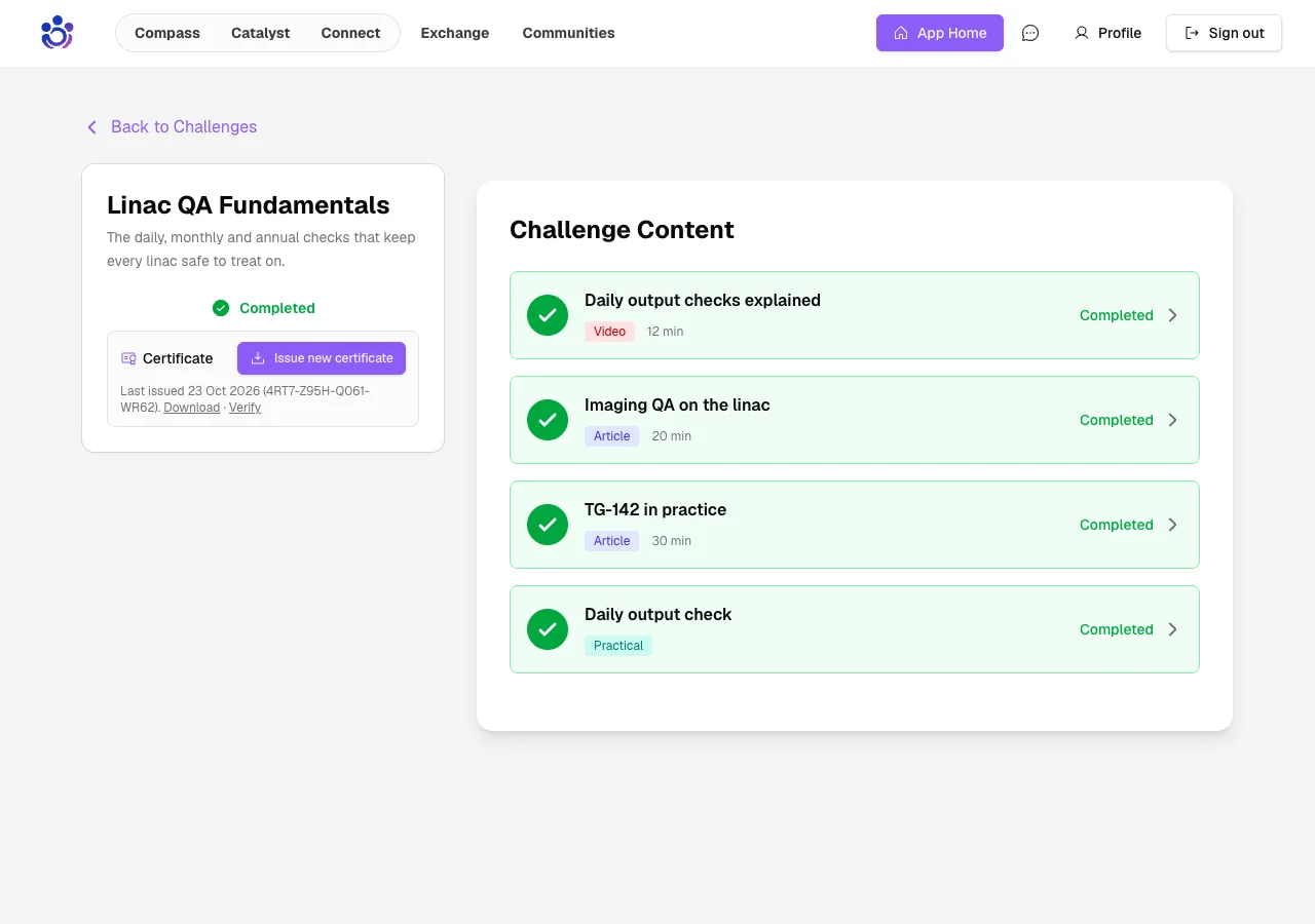 The certificate panel on a completed challenge