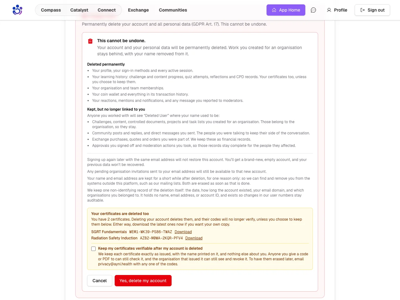 Deleting an account, with the option to keep your certificates verifiable