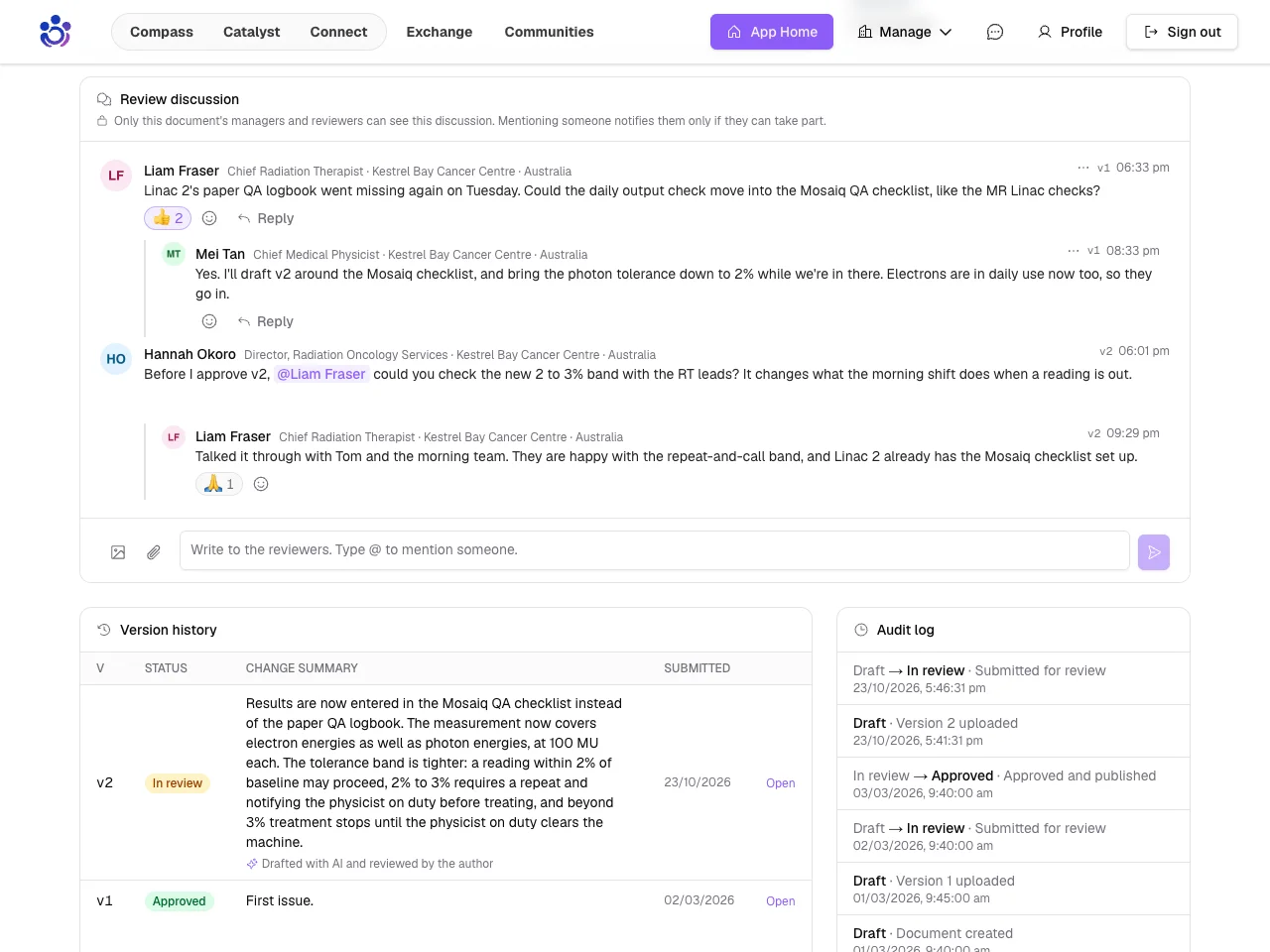 The review discussion on a document: replies, a reaction, and the version each message was posted against