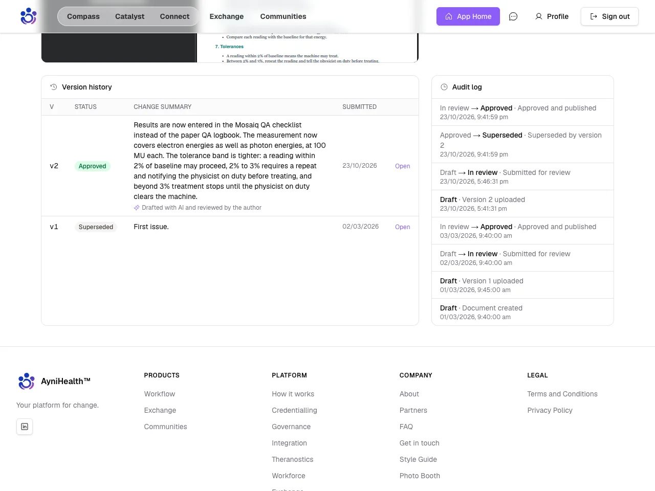 A member's view of a document: published versions and their change summaries, with no reviewer comments