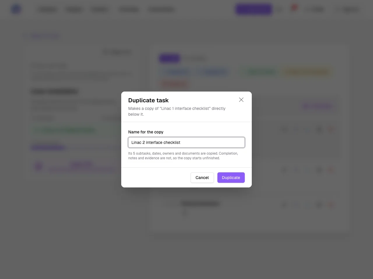 Duplicating a task: naming the copy, with what comes across and what does not
