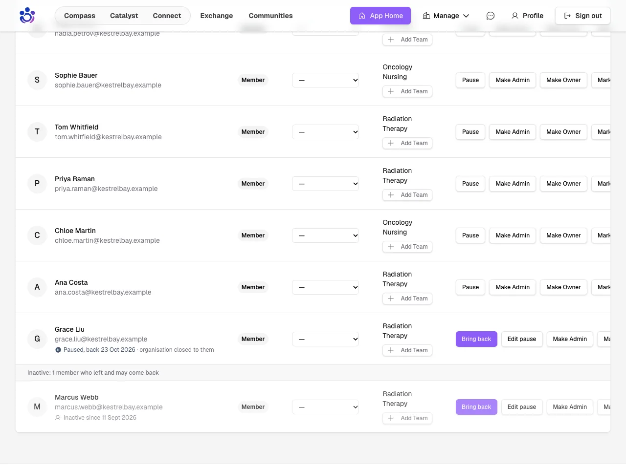 An inactive member at the foot of the members list, with Bring back