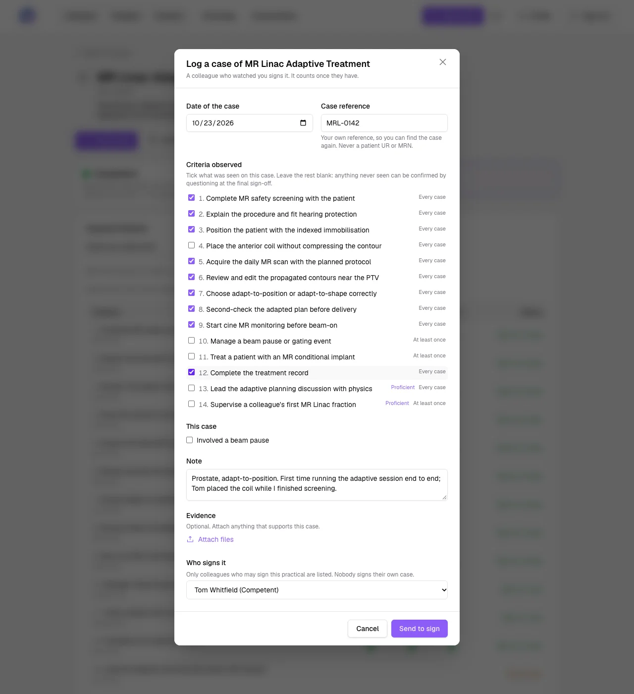 Logging a case: criteria observed, a reference that is never a patient identifier, and who signs it