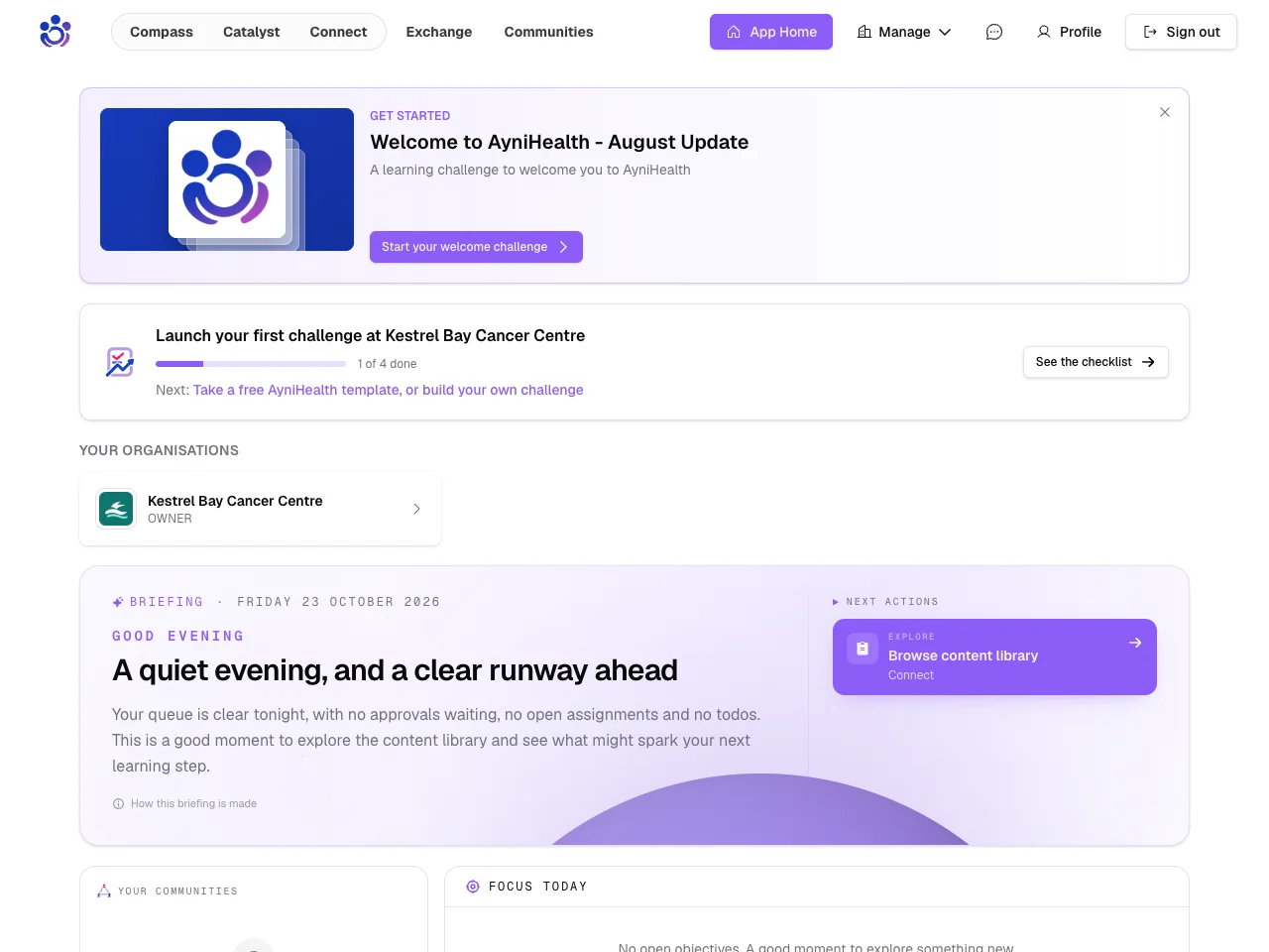 The home page card: how far along you are and the next step