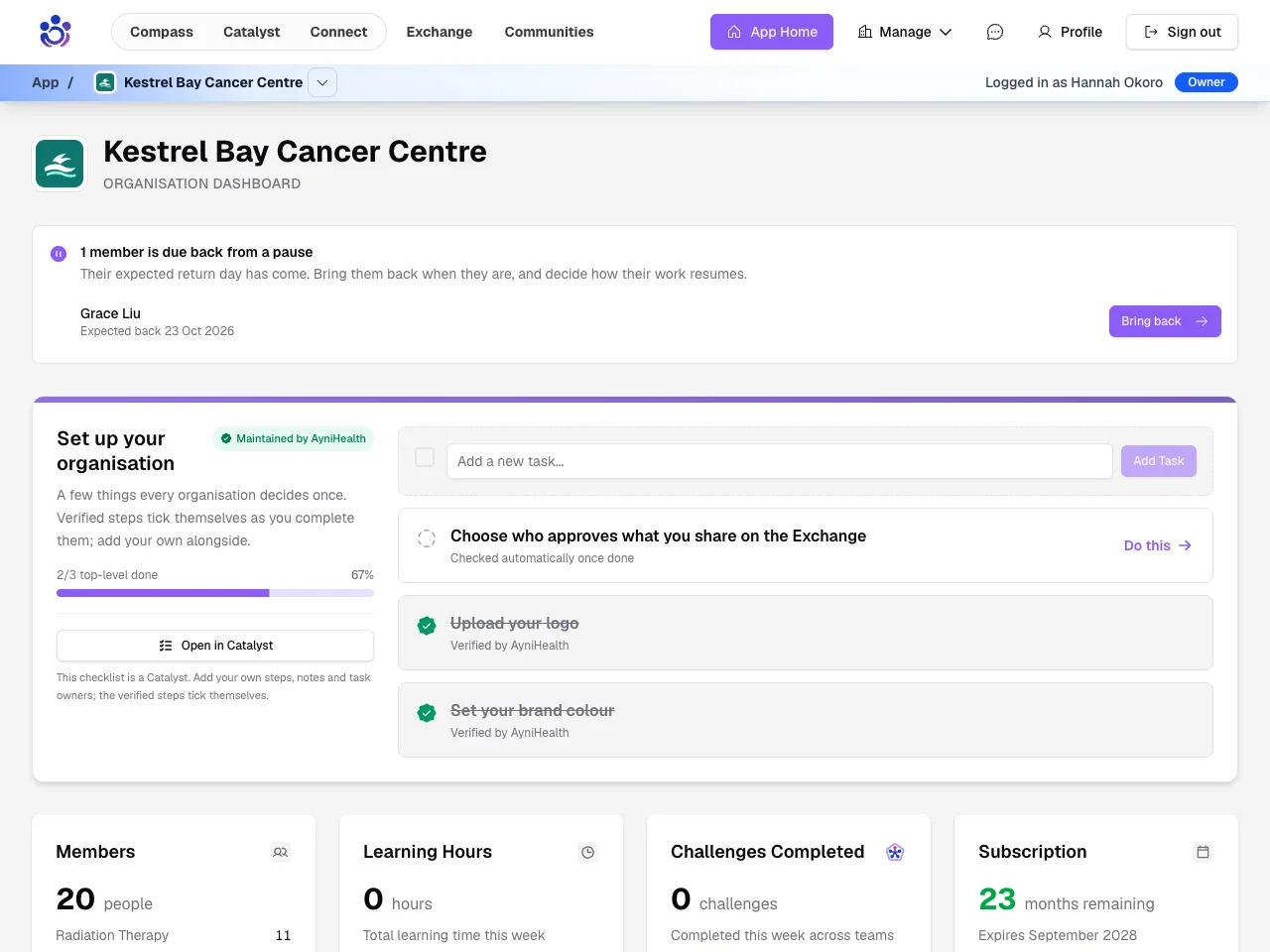 The organisation dashboard: a member is due back from a pause