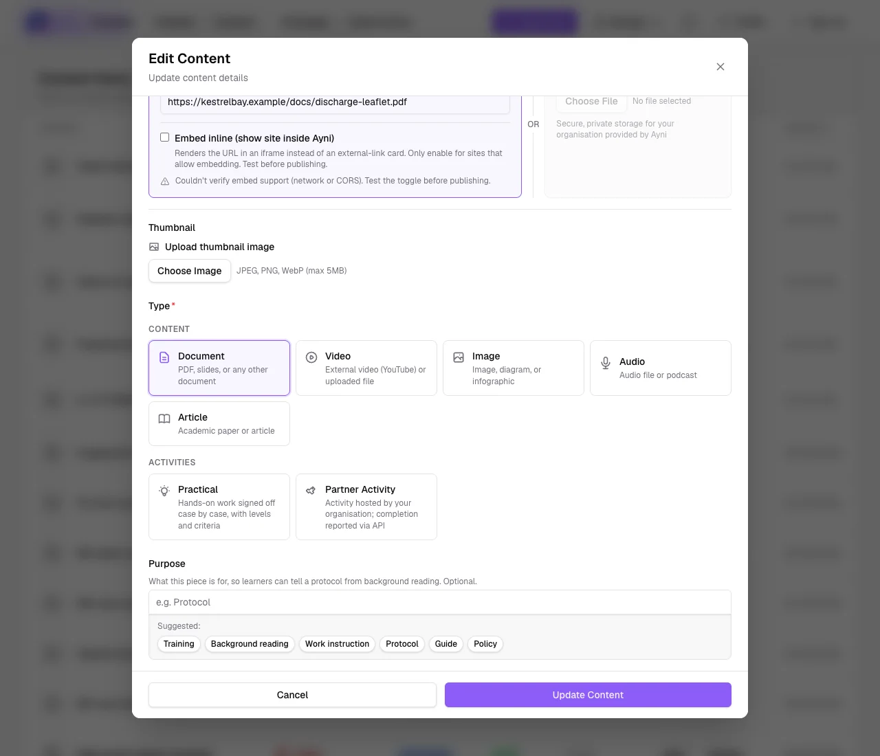Choosing a purpose when editing content