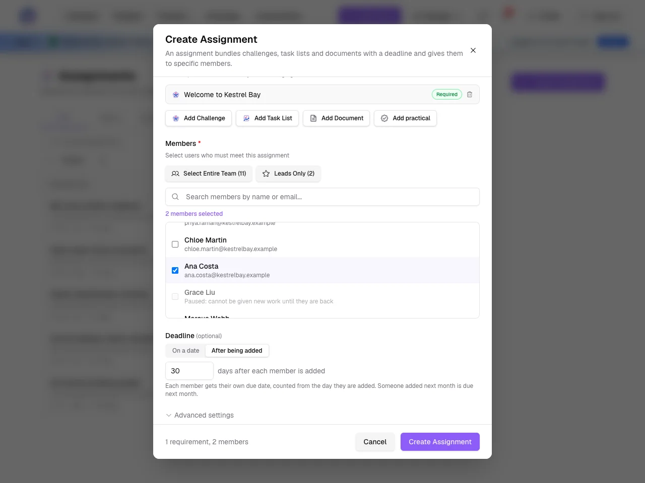 Creating an assignment due 30 days after each member is added