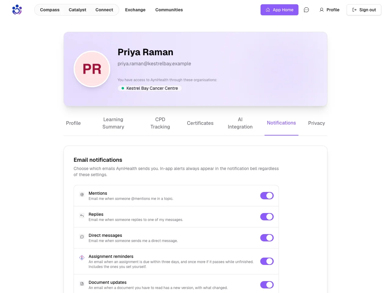 Assignment reminders in Profile, Notifications