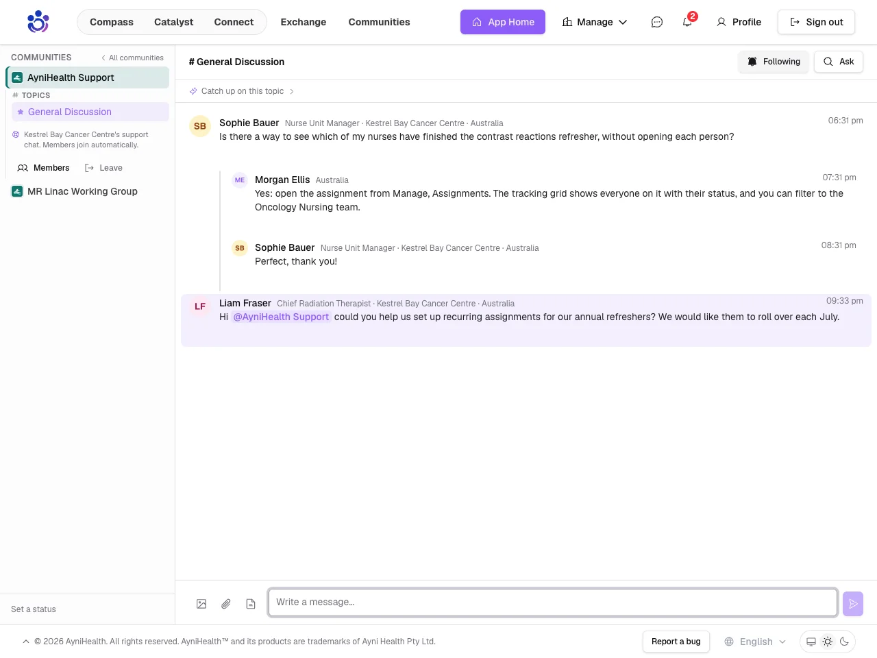 A message mentioning AyniHealth Support
