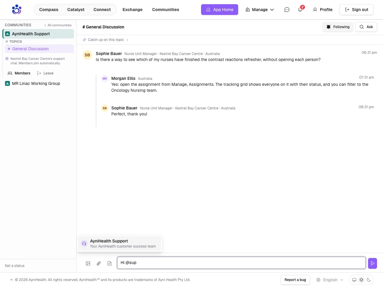 Typing @sup offers AyniHealth Support, your customer success team