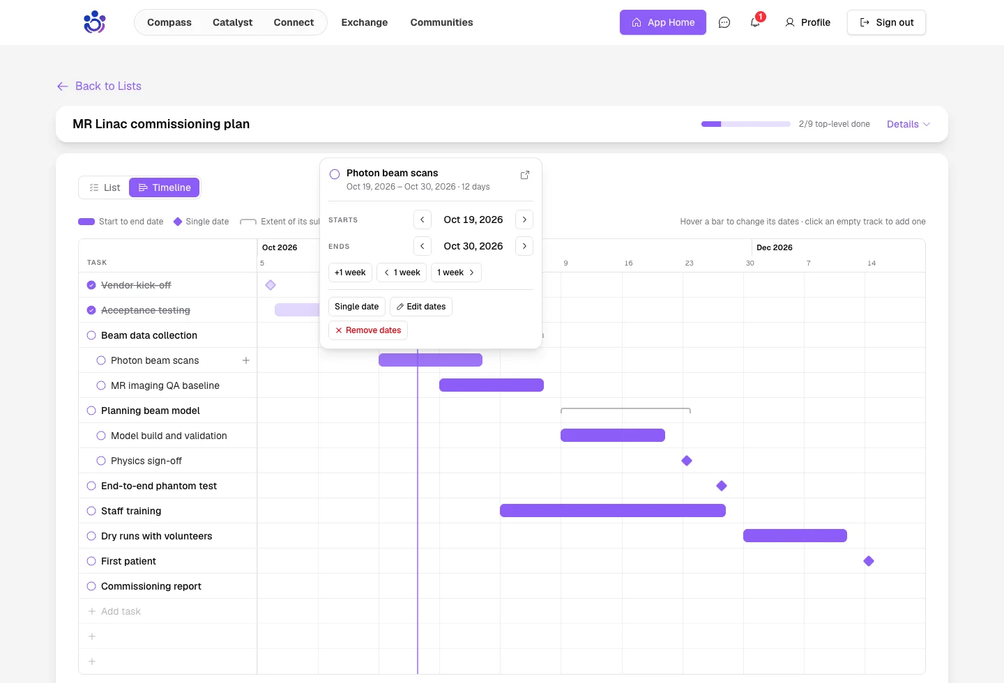 Changing a task's dates from its bar