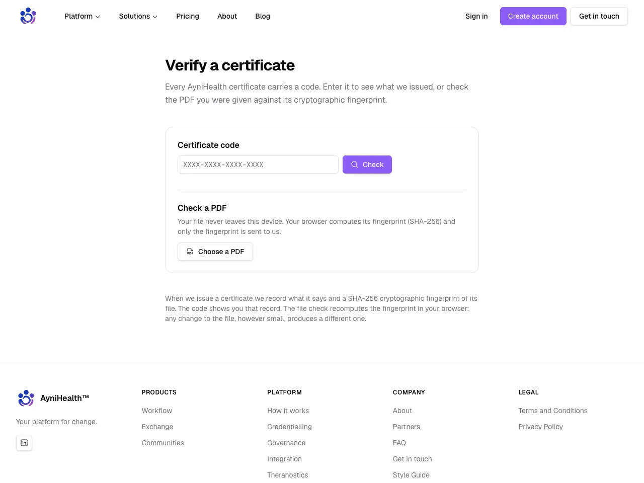 The public verify page: check by code or by uploading the PDF