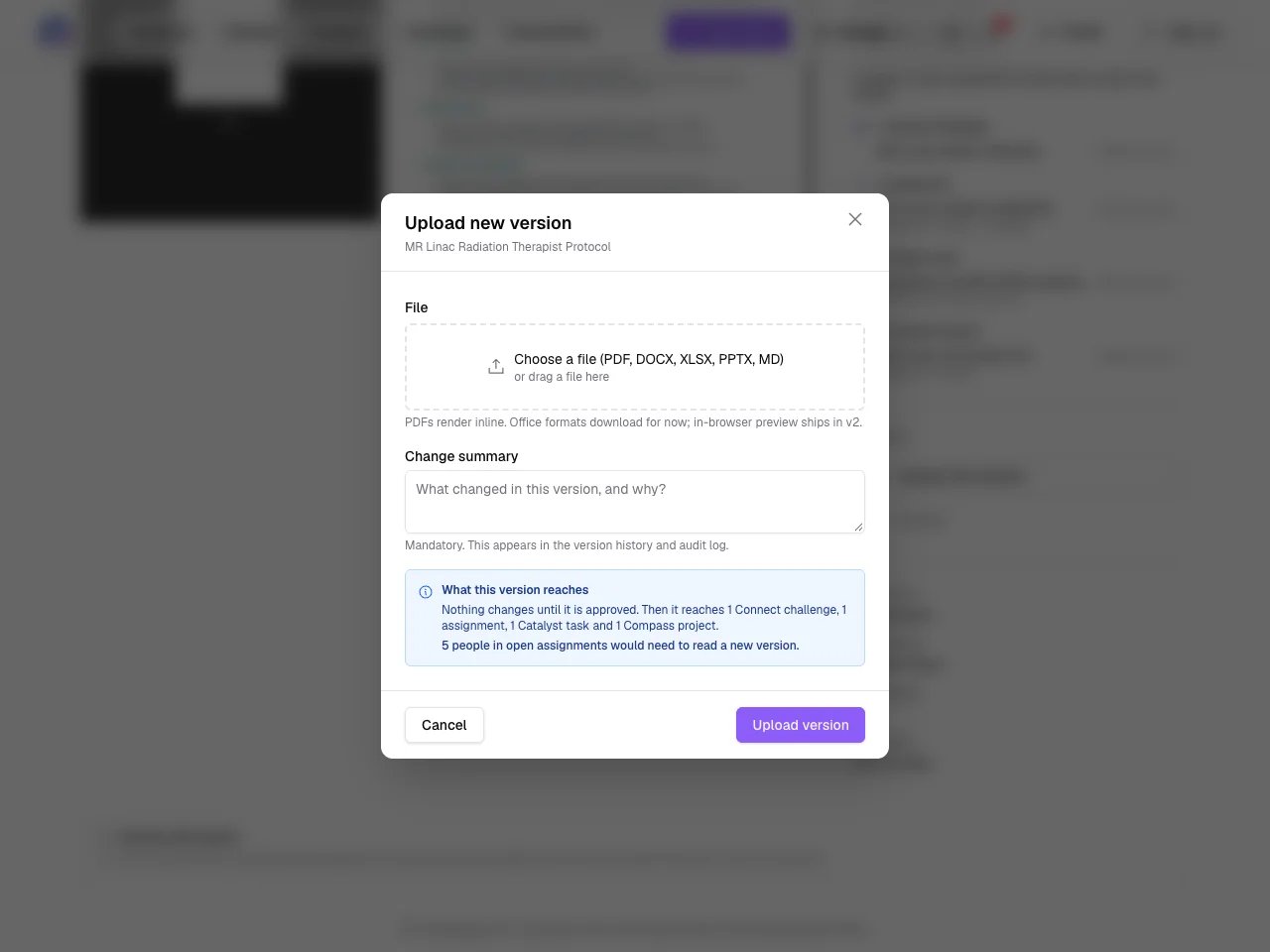 Uploading a new version shows what it will reach once approved